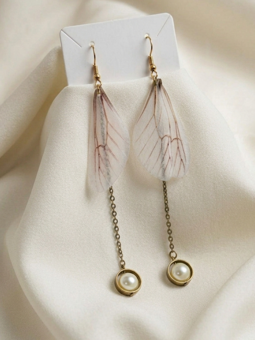 Ethereal Cicada Wing Drop Earrings with Pearl Accents – Vintage Gold Dangle Earrings