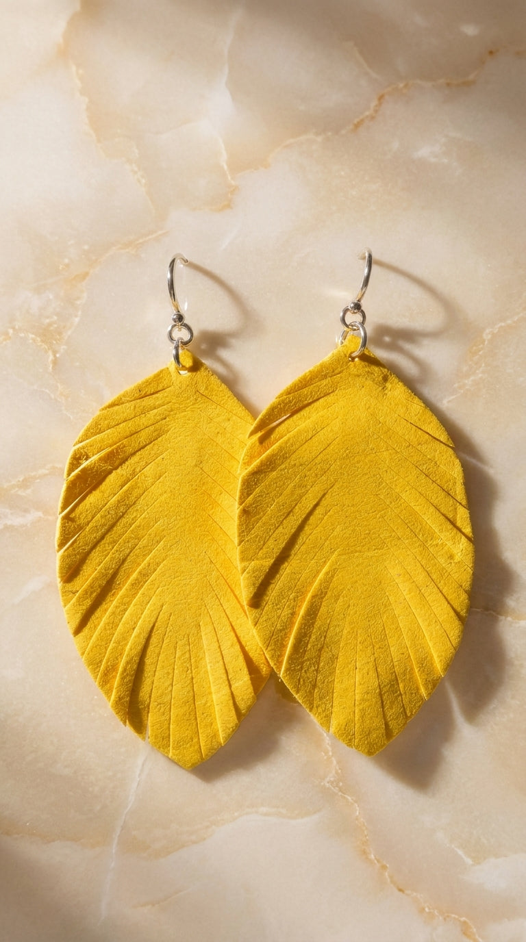 Yellow Suede Feather Cutout Drop Earrings – Vibrant Boho Leather Dangle Earrings