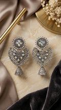 Antique Silver Oxidized Jhumka Earrings – Iridescent Stone Statement Tribal Dangle Earrings