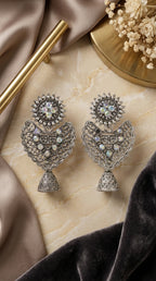 Antique Silver Oxidized Jhumka Earrings – Iridescent Stone Statement Tribal Dangle Earrings