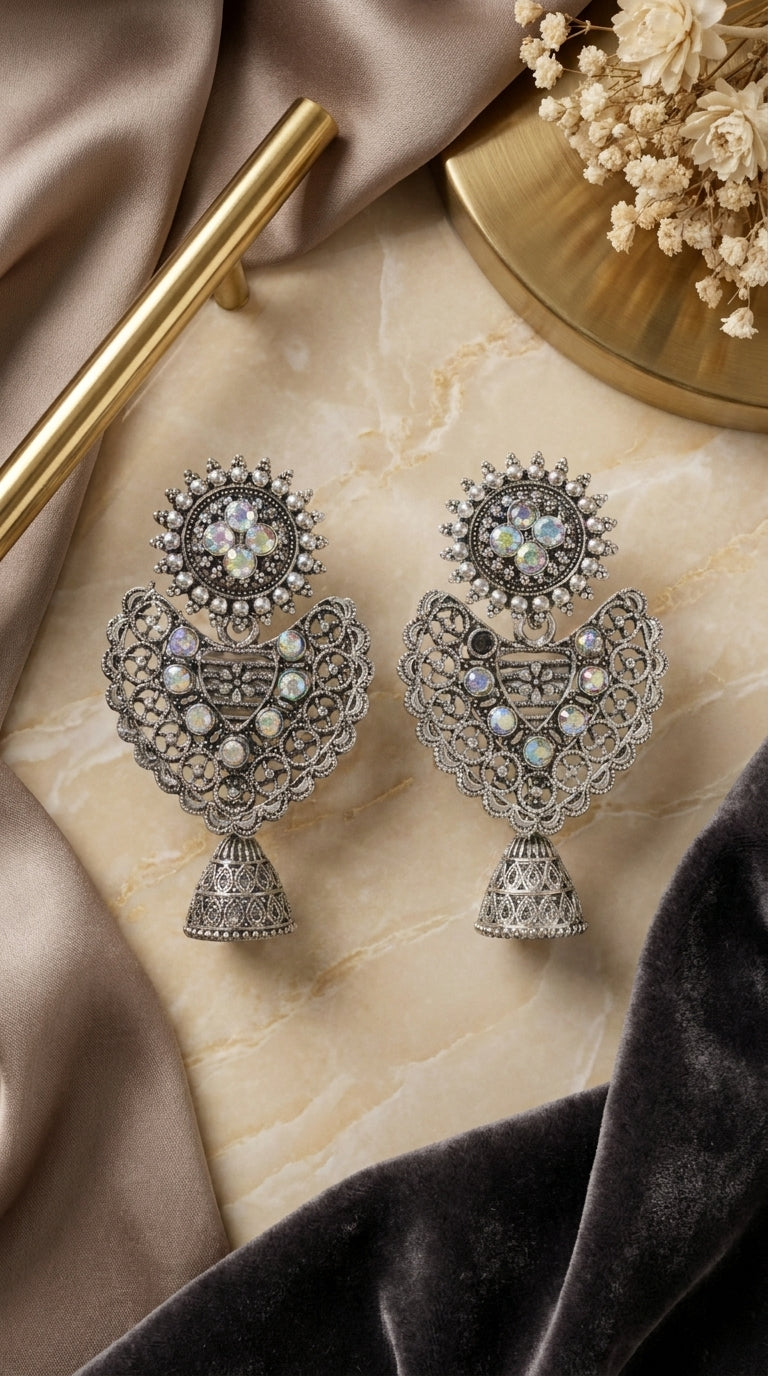 Antique Silver Oxidized Jhumka Earrings – Iridescent Stone Statement Tribal Dangle Earrings
