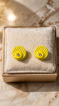 Yellow Enamel Grooved Round Stud Earrings – Vintage Crystal Accent Button Earrings