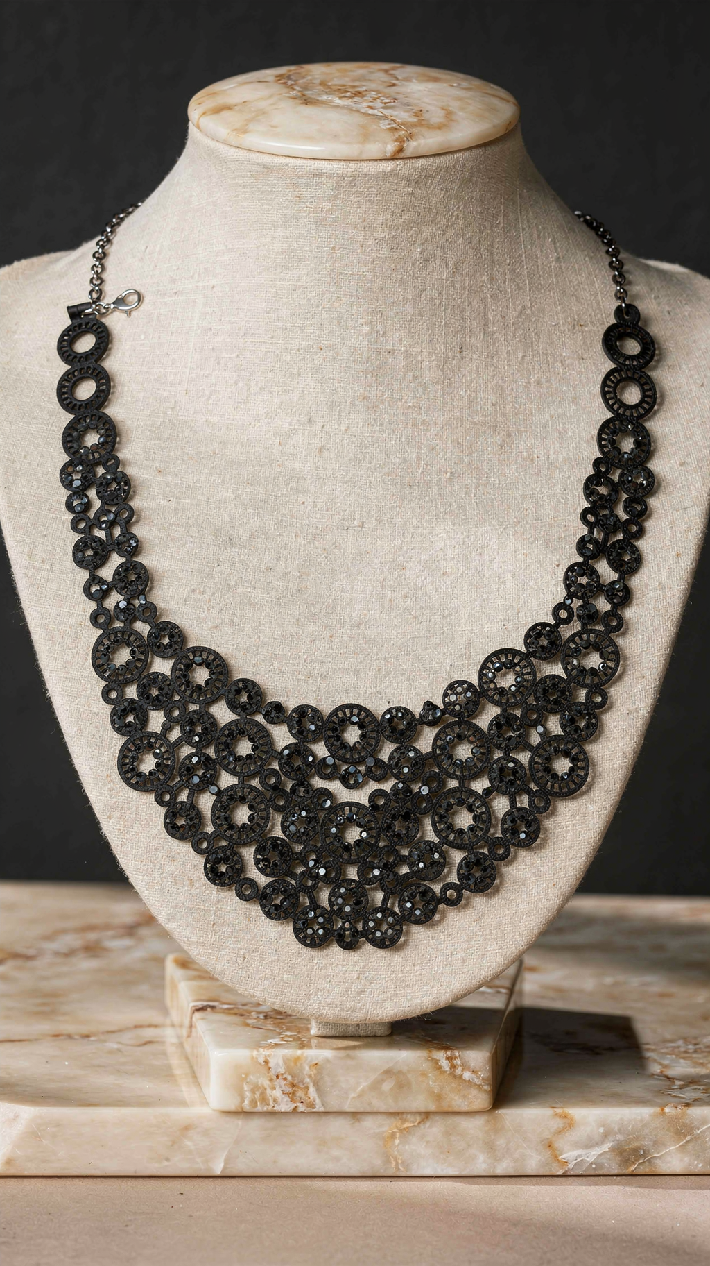 Matte Black Circular Cutout Bib Necklace – Jet Black Rhinestone Statement Collar Necklace