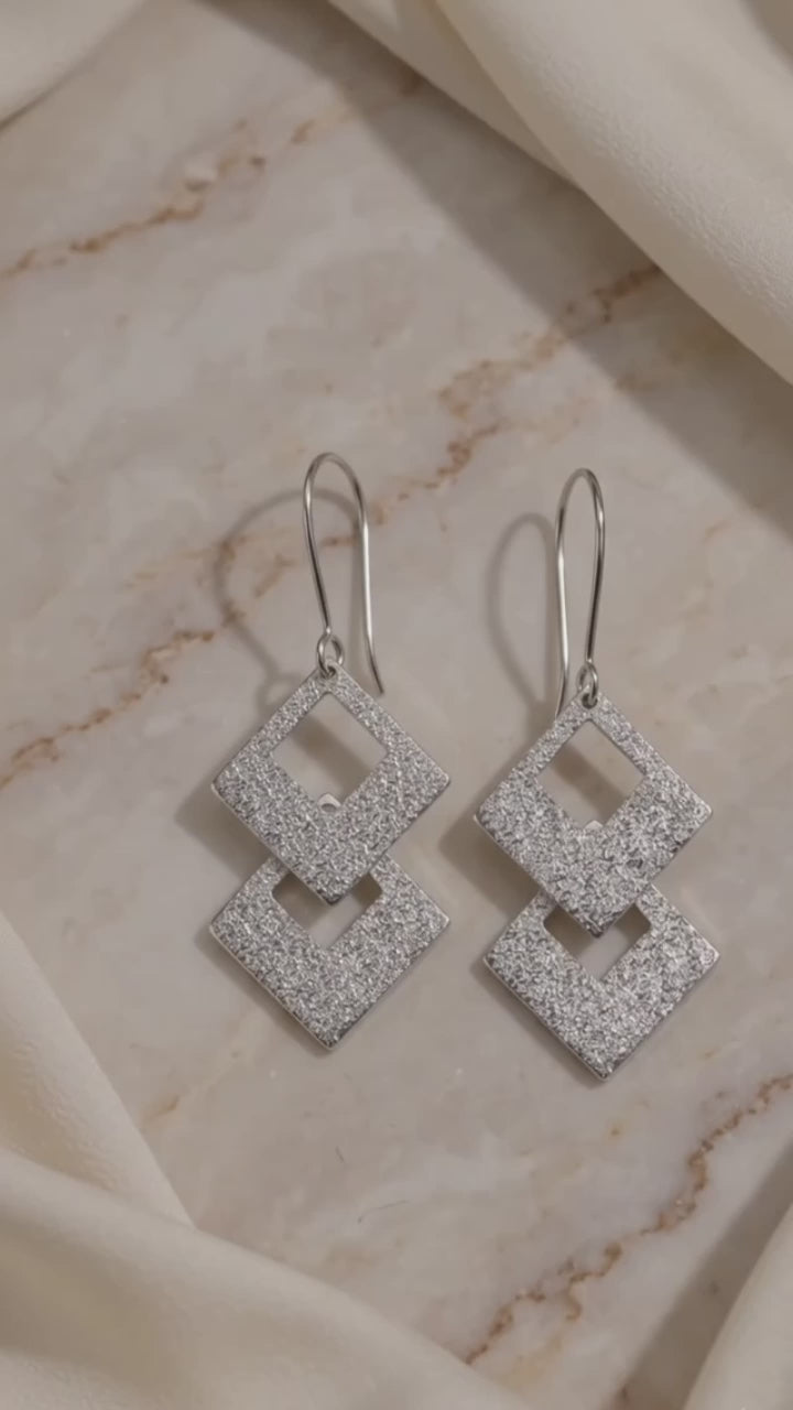 Silver Textured Geometric Rhombus Drop Earrings – Double Diamond Cutout Dangle Earrings