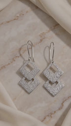 Silver Textured Geometric Rhombus Drop Earrings – Double Diamond Cutout Dangle Earrings