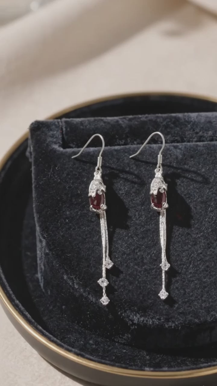 Silver Snake Ruby Drop Earrings – Vintage Serpent Cubic Zirconia Dangle Earrings