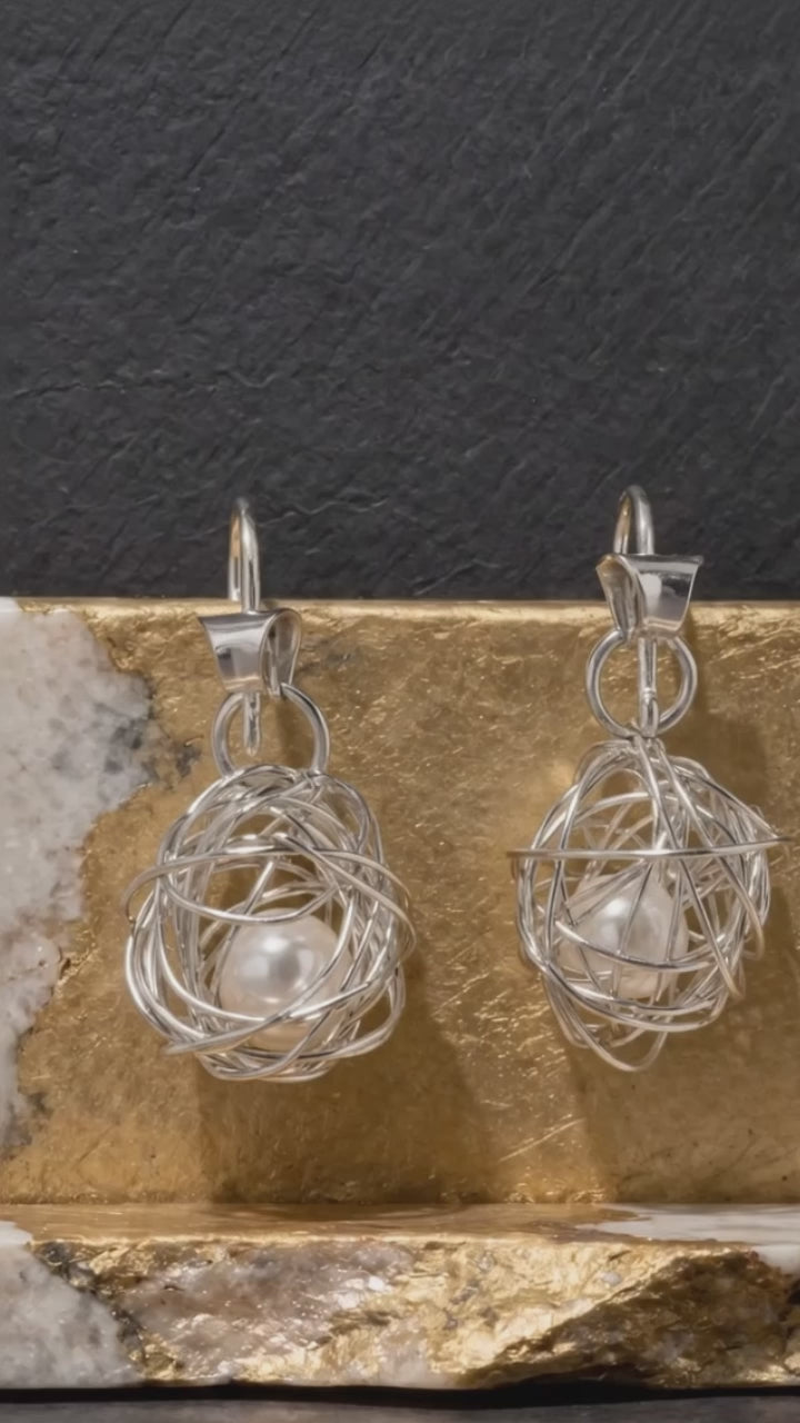 Silver Wire Wrapped Caged Pearl Drop Earrings – Bird Nest Dangle Earrings