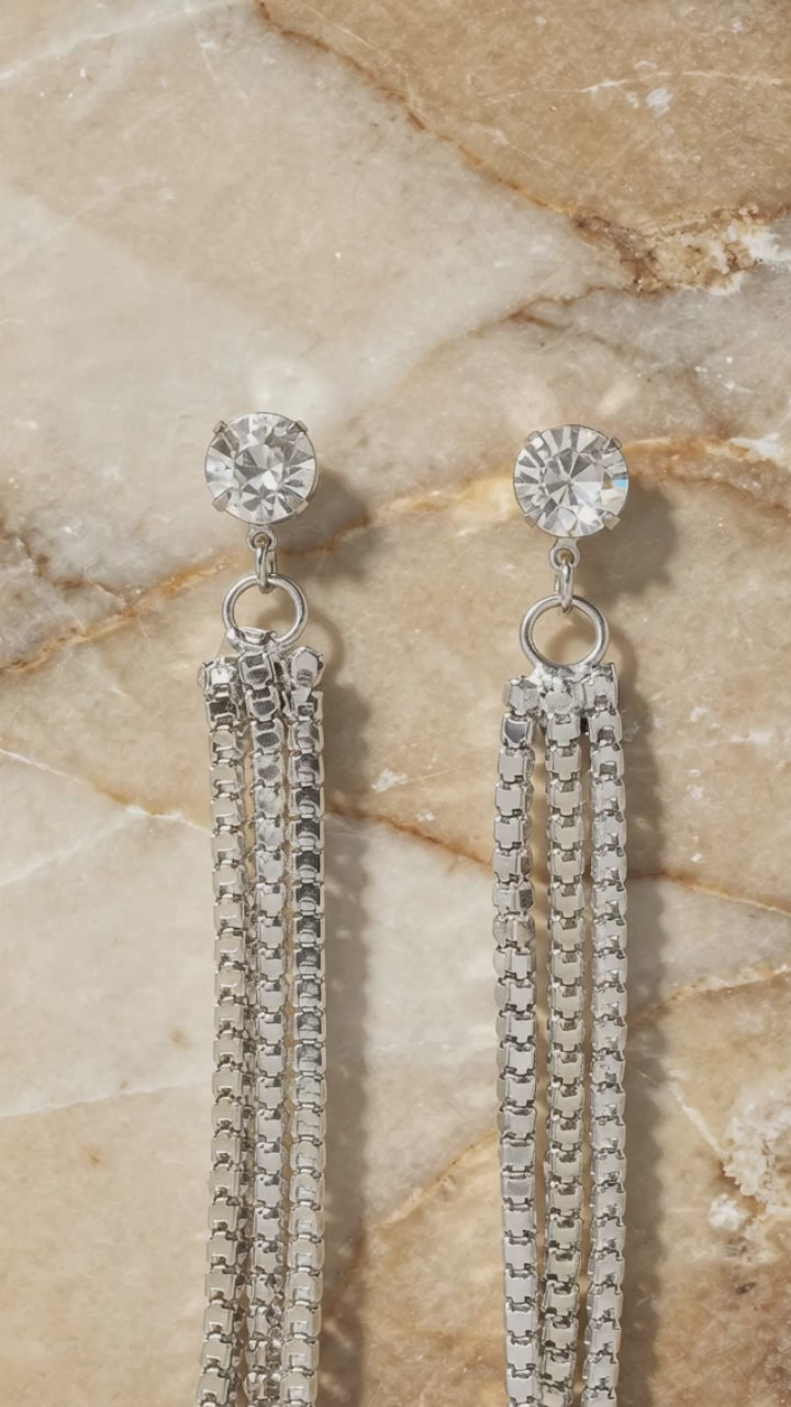 Silver Rhinestone Tassel Drop Earrings – Crystal Fringe Dangle Evening Earrings