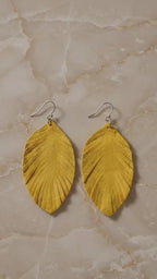 Yellow Suede Feather Cutout Drop Earrings – Vibrant Boho Leather Dangle Earrings