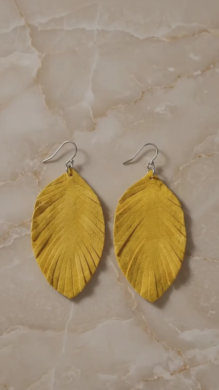 Yellow Suede Feather Cutout Drop Earrings – Vibrant Boho Leather Dangle Earrings