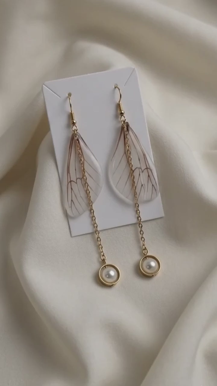 Ethereal Cicada Wing Drop Earrings with Pearl Accents – Vintage Gold Dangle Earrings