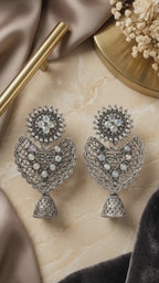 Antique Silver Oxidized Jhumka Earrings – Iridescent Stone Statement Tribal Dangle Earrings