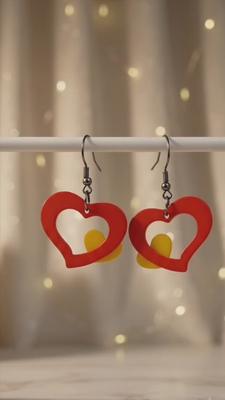 Pop of Romance: Vibrant Red & Yellow Layered Open Heart Earrings