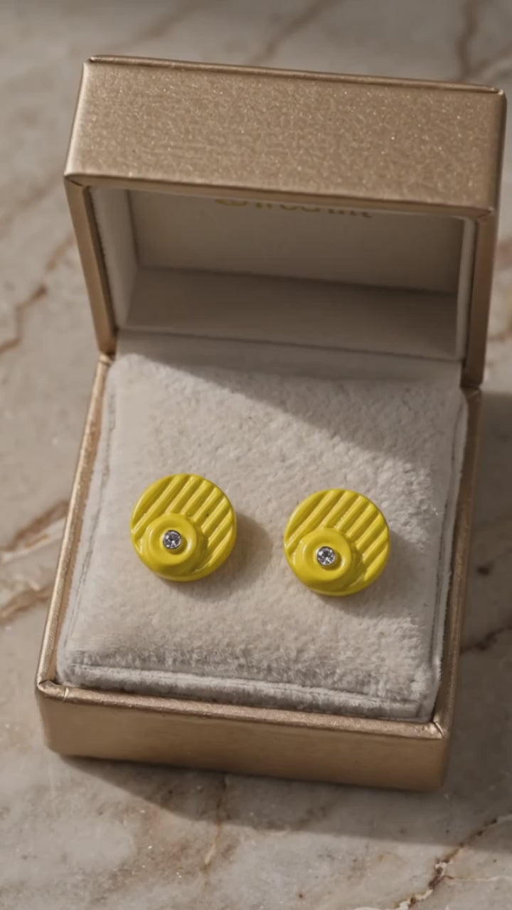 Yellow Enamel Grooved Round Stud Earrings – Vintage Crystal Accent Button Earrings