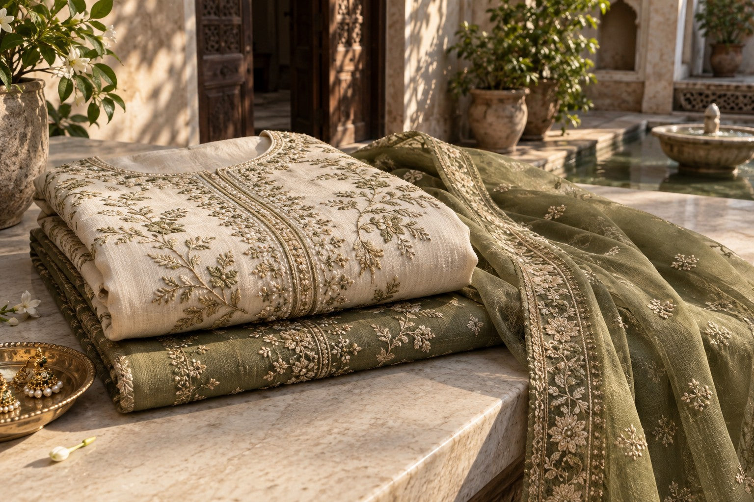 Ivory and olive embroidered textiles in natural light