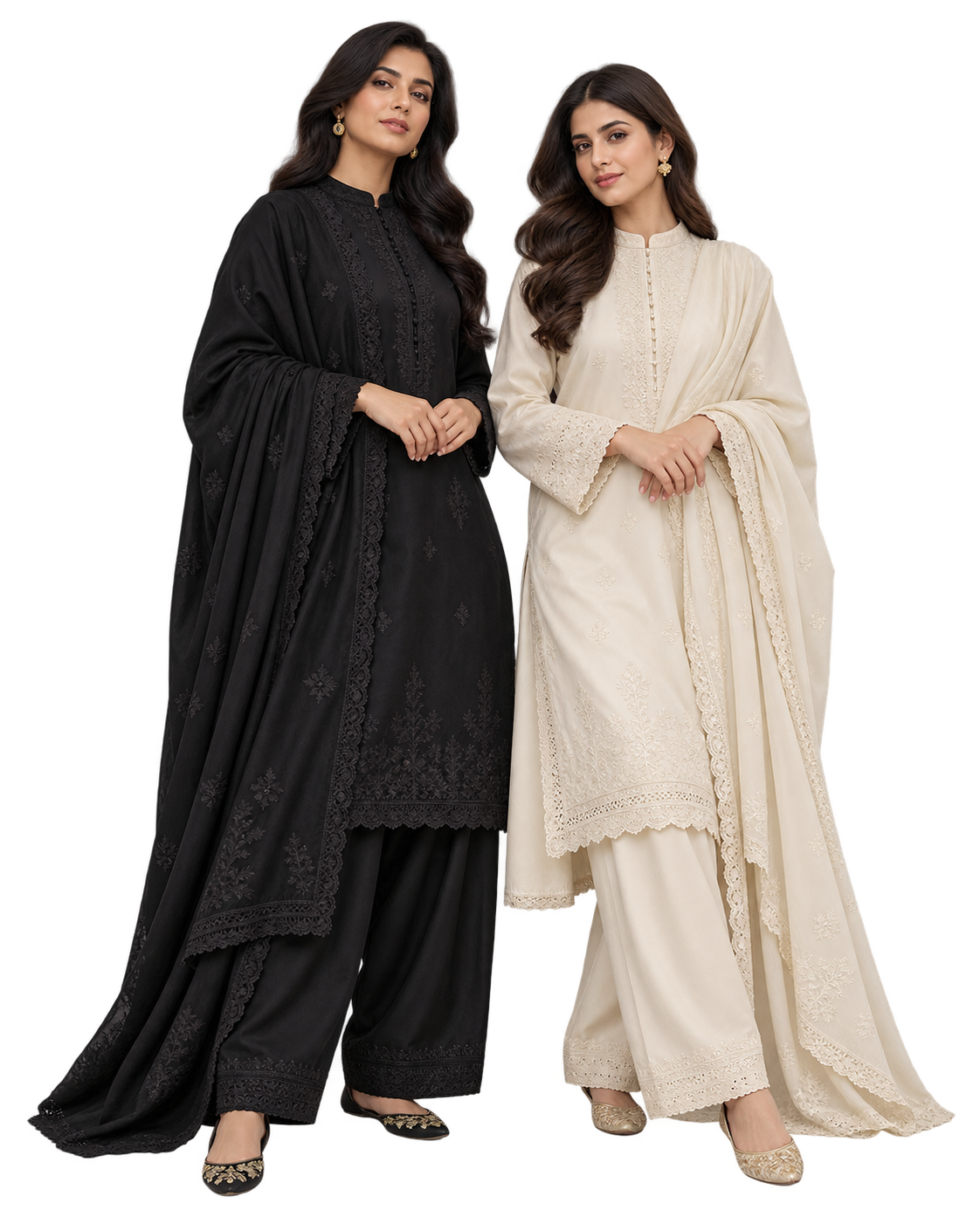 Two women in fully modest black and ivory Pakistani outfits