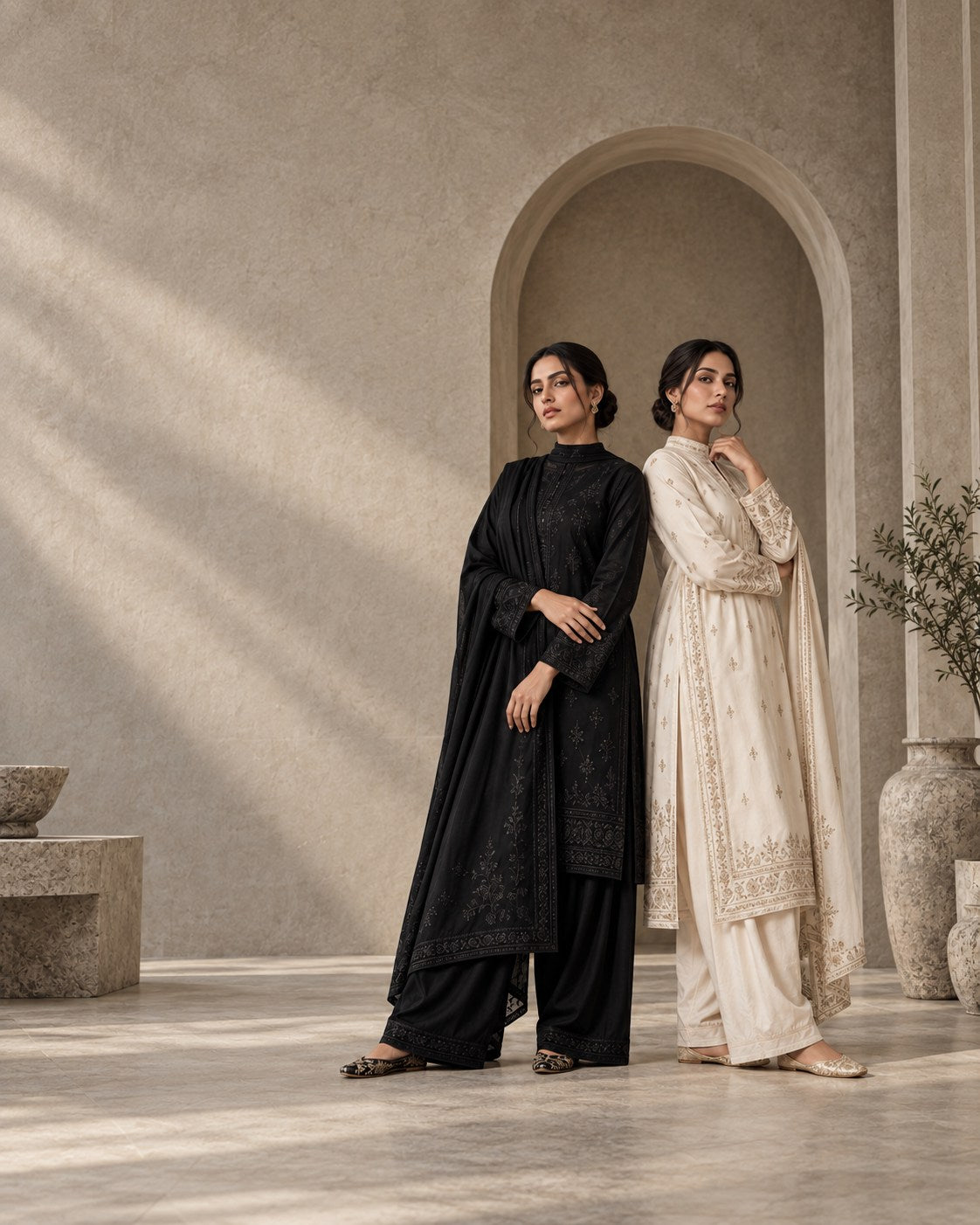 Editorial preview of fully modest black and ivory Pakistani silhouettes