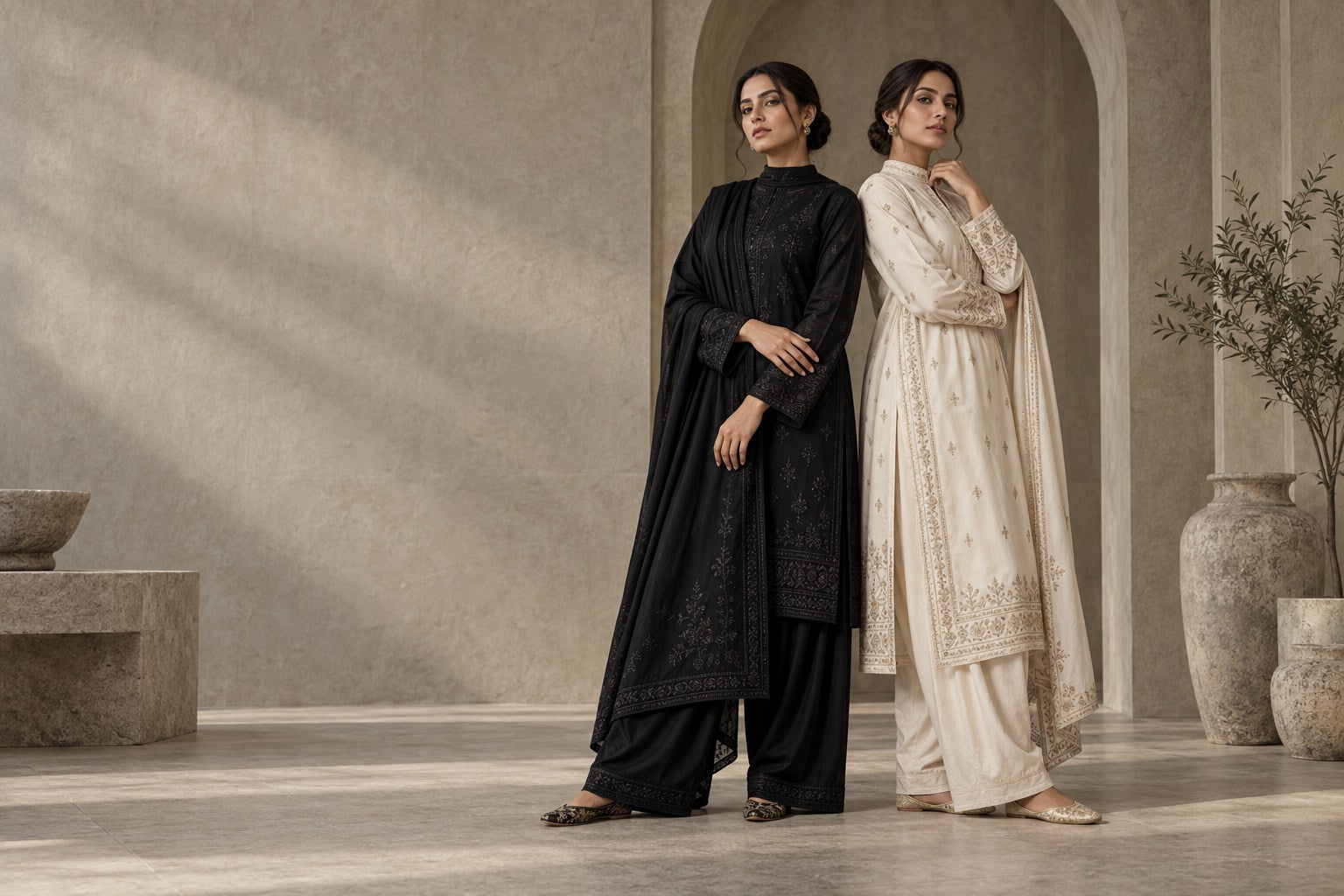 Black and ivory modest Pakistani silhouettes