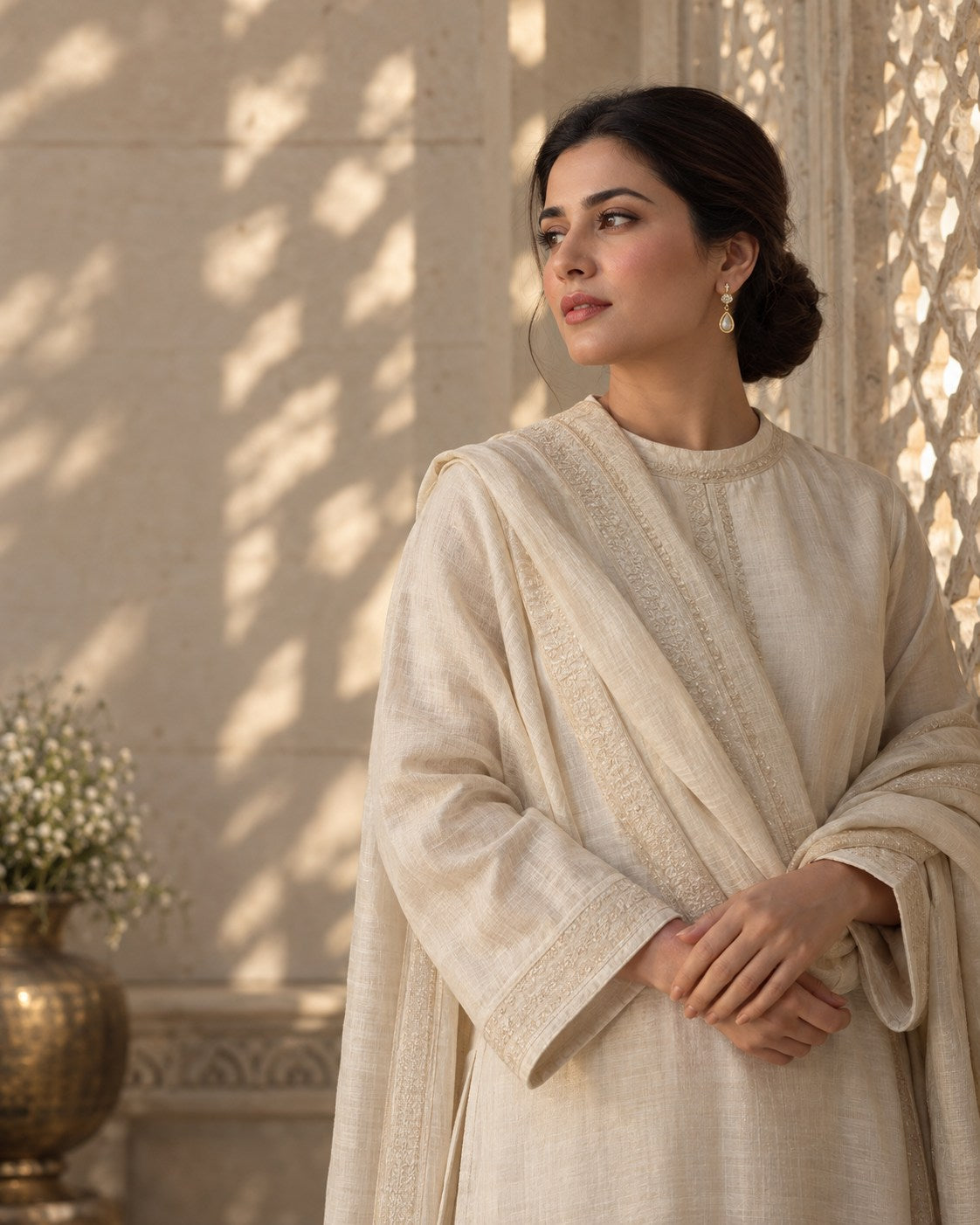 Gold earrings styled with a fully modest ivory Pakistani outfit